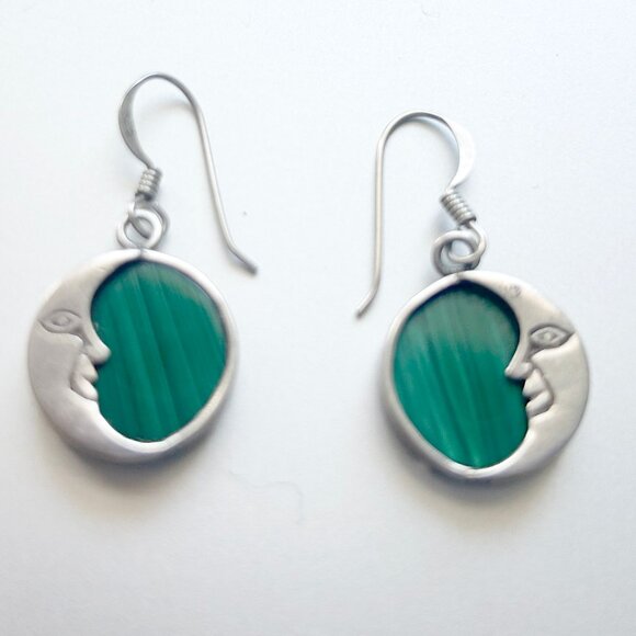 Beautiful Crescent Moon and Malachite sterling silver dangle earrings women's - Picture 2 of 5